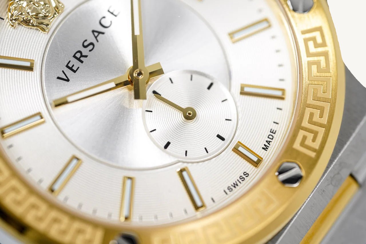 Versace VEVI00320 Greca Logo ladies watch with black dial, gold-tone case, Greca border, and black leather strap featuring the iconic Medusa logo.