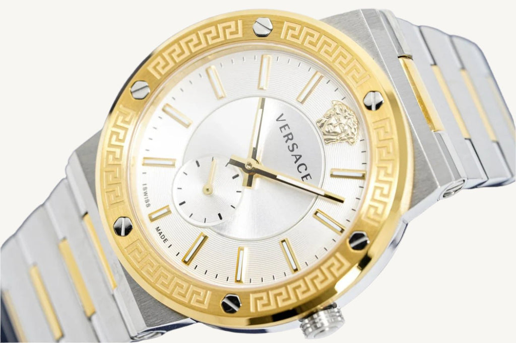 Versace VEVI00320 Greca Logo ladies watch with black dial, gold-tone case, Greca border, and black leather strap featuring the iconic Medusa logo.
