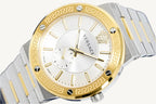 Versace VEVI00320 Greca Logo ladies watch with black dial, gold-tone case, Greca border, and black leather strap featuring the iconic Medusa logo.