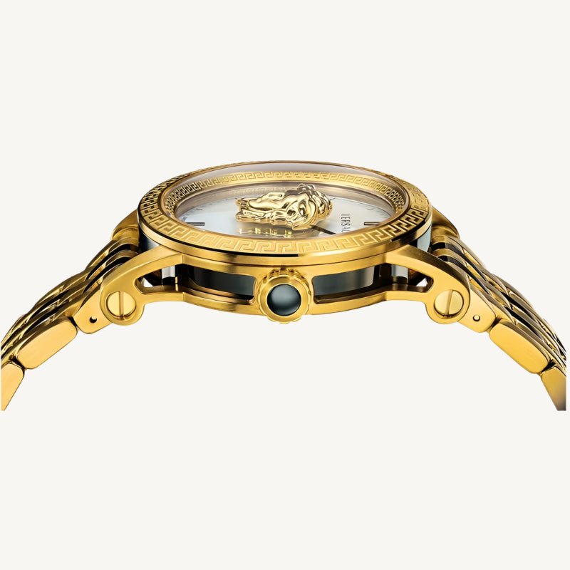Versace Palazzo Empire men’s watch with silver dial, gold and grey two-tone stainless steel strap, and anti-reflective sapphire glass, Swiss made.