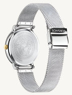 Stylish Versace VE8100519 V-Circle ladies watch featuring a sleek gold-tone case, white dial, and premium leather strap – luxury timepiece for women.