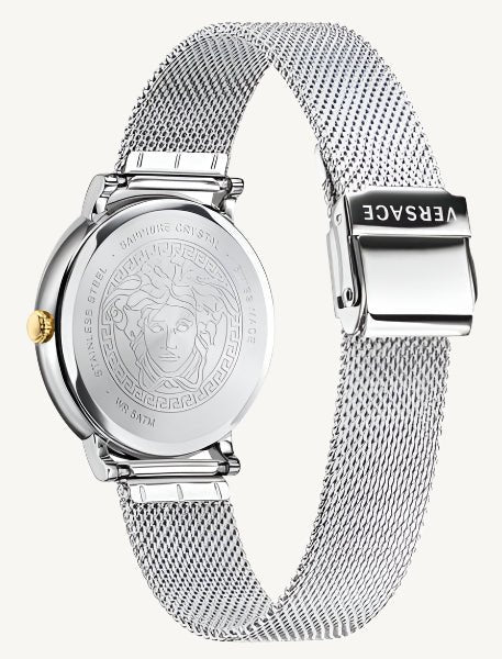 Stylish Versace VE8100519 V-Circle ladies watch featuring a sleek gold-tone case, white dial, and premium leather strap – luxury timepiece for women.