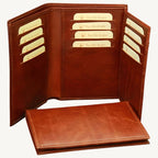 "100% Italian calf-skin leather wallet with ID window, one bill compartment, and 12 credit card slots – spacious and luxurious design"