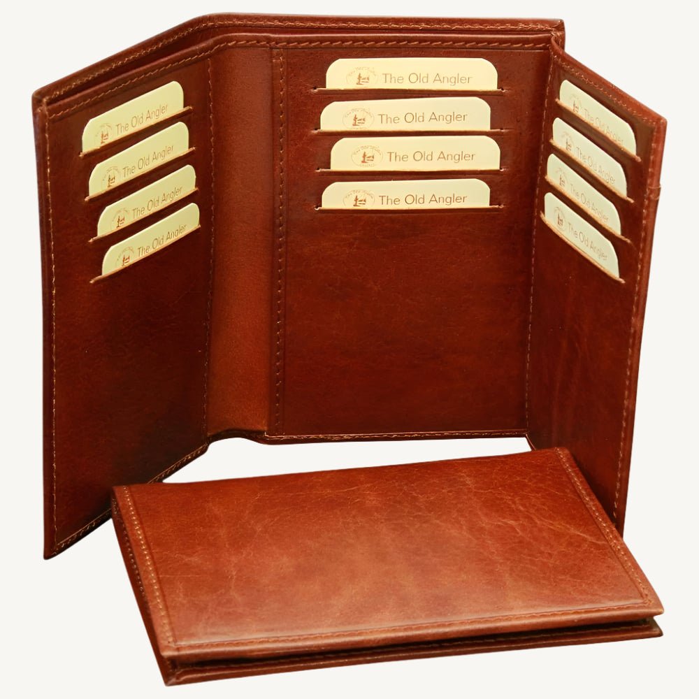 "100% Italian calf-skin leather wallet with ID window, one bill compartment, and 12 credit card slots – spacious and luxurious design"