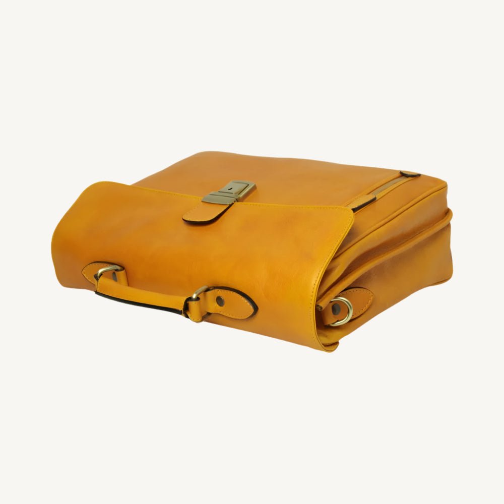 "Elegant full grain leather briefcase in yellow ocher, designed for work and business with premium craftsmanship and timeless style."