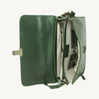 Elegant full grain leather briefcase with clasp closure, laptop compartment, phone pocket, pen holder, and adjustable shoulder strap – classic and professional.