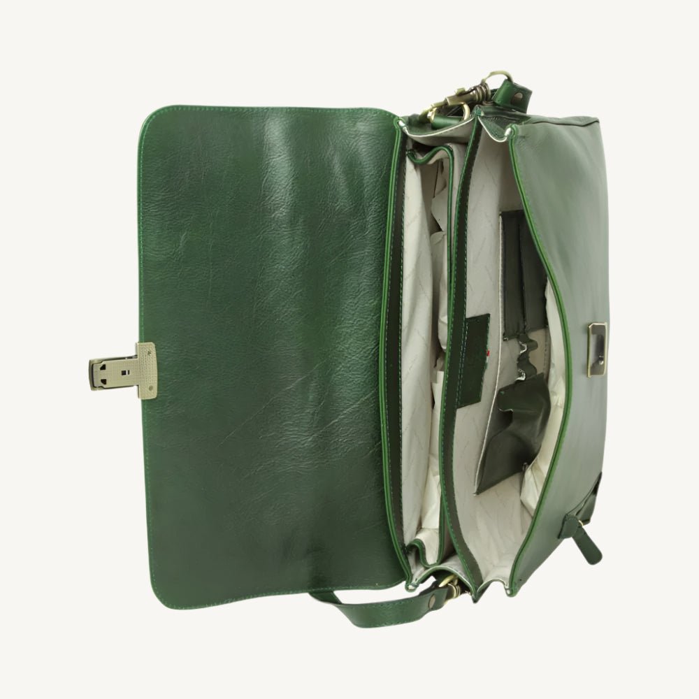 Elegant full grain leather briefcase with clasp closure, laptop compartment, phone pocket, pen holder, and adjustable shoulder strap – classic and professional.
