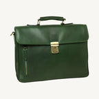 Elegant full grain leather briefcase with clasp closure, laptop compartment, phone pocket, pen holder, and adjustable shoulder strap – classic and professional.