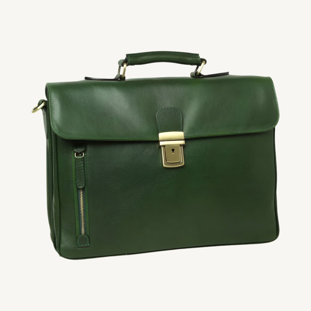 Elegant full grain leather briefcase with clasp closure, laptop compartment, phone pocket, pen holder, and adjustable shoulder strap – classic and professional.
