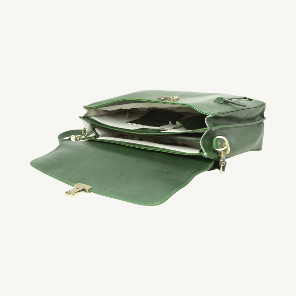 Elegant full grain leather briefcase with clasp closure, laptop compartment, phone pocket, pen holder, and adjustable shoulder strap – classic and professional.