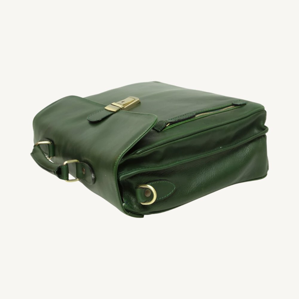 Elegant full grain leather briefcase with clasp closure, laptop compartment, phone pocket, pen holder, and adjustable shoulder strap – classic and professional.