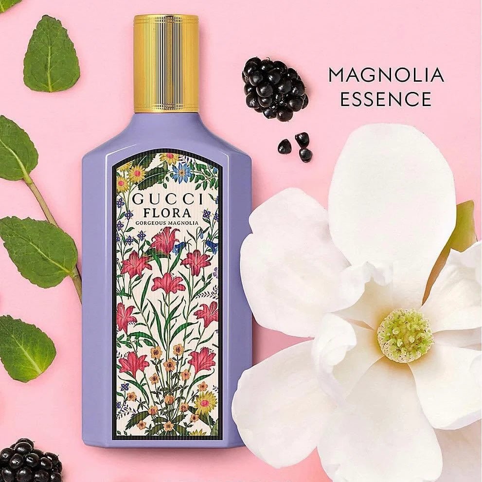 "Gucci Flora Gorgeous Magnolia Eau de Parfum 3.3 oz – elegant purple bottle adorned with floral patterns, symbolizing femininity and strength."​