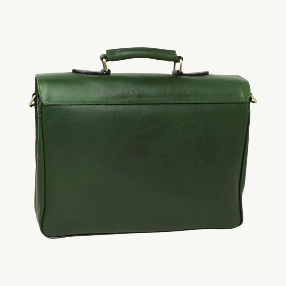 Elegant full grain leather briefcase with clasp closure, laptop compartment, phone pocket, pen holder, and adjustable shoulder strap – classic and professional.