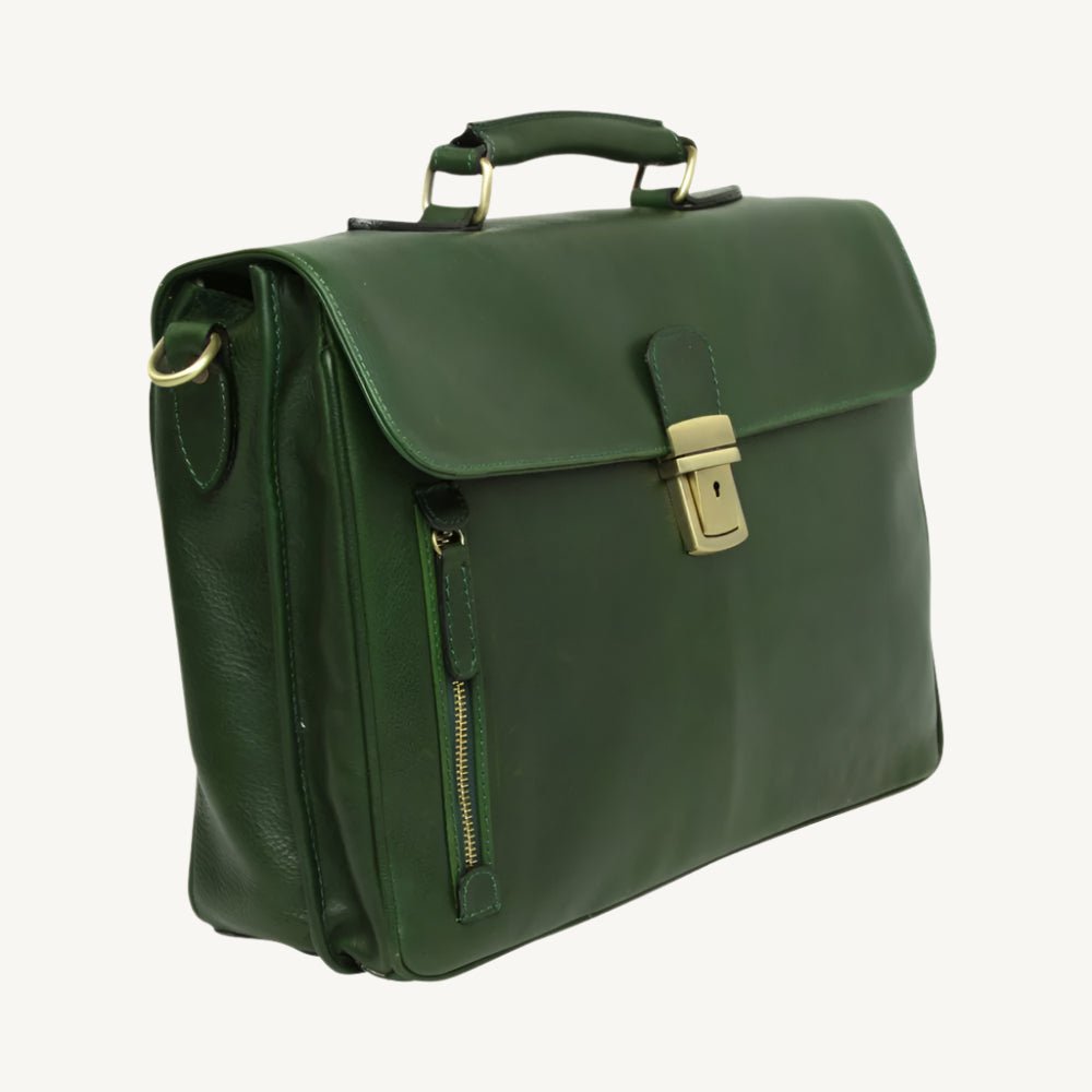 Elegant full grain leather briefcase with clasp closure, laptop compartment, phone pocket, pen holder, and adjustable shoulder strap – classic and professional.