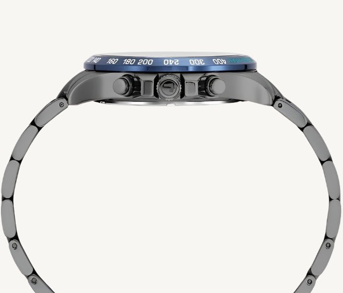 Roamer Rimini men’s chronograph watch with black dial, grey and black stainless steel strap, tachymeter and stopwatch function, Swiss made.