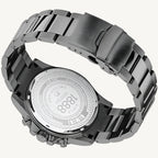 Roamer Rimini men’s chronograph watch with black dial, grey and black stainless steel strap, tachymeter and stopwatch function, Swiss made.