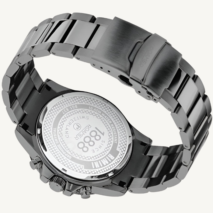 Roamer Rimini men’s chronograph watch with black dial, grey and black stainless steel strap, tachymeter and stopwatch function, Swiss made.